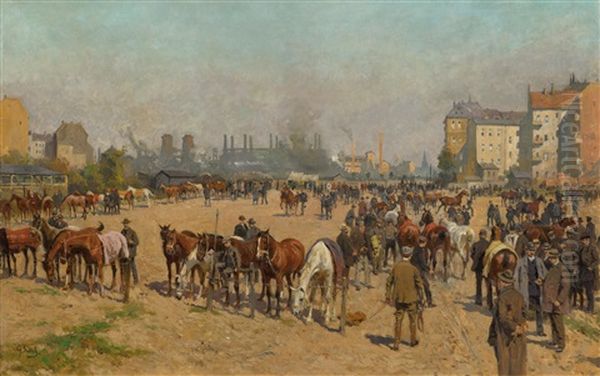 Horse Market In Berlin Oil Painting by Georg Karl Koch