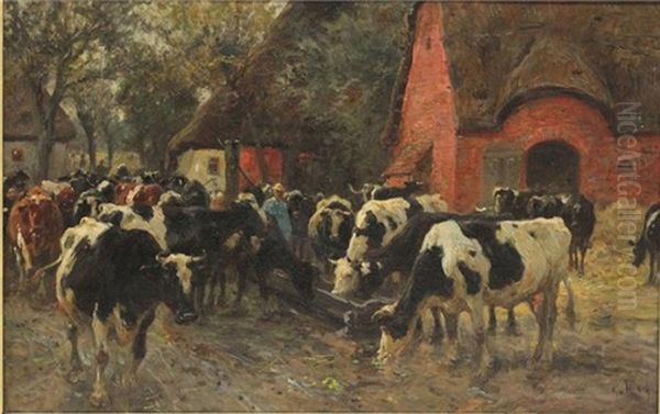 Hirte Mit Seiner Kuhherde Auf Dorfstrase Oil Painting by Georg Karl Koch