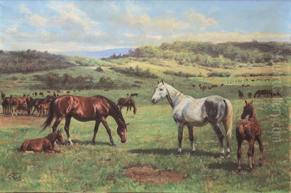 Horses Out At Feed Oil Painting by Georg Karl Koch