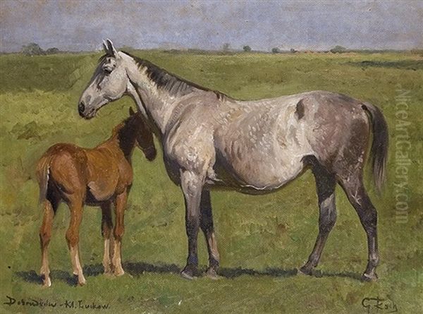 Gray Mare With Foal Oil Painting by Georg Karl Koch