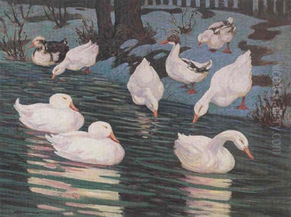 Ducks In A Wintry Pond Oil Painting by George Joseph Koch