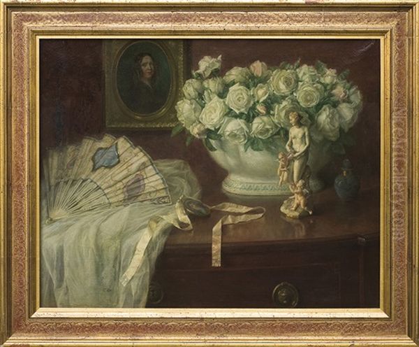 Still Life With A Fan And White Roses Oil Painting by Hermann Koch