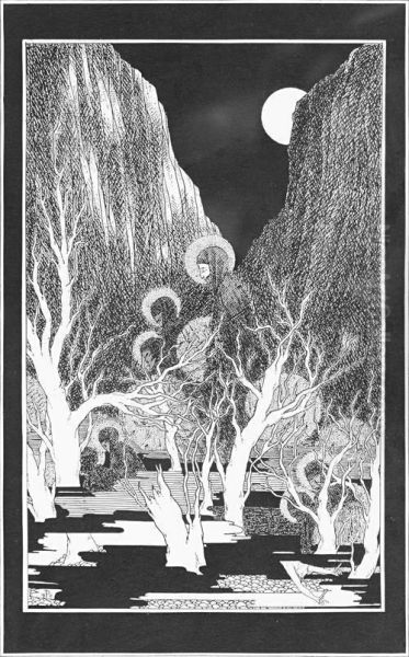 Figures In A Wood Oil Painting by Aubrey Vincent Beardsley