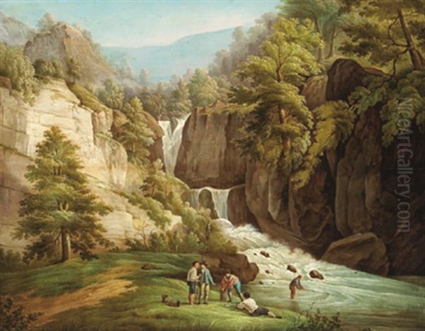 Gebirgsschlucht Mit Einem Wasserfall Und Figuren Oil Painting by Joseph Anton Koch