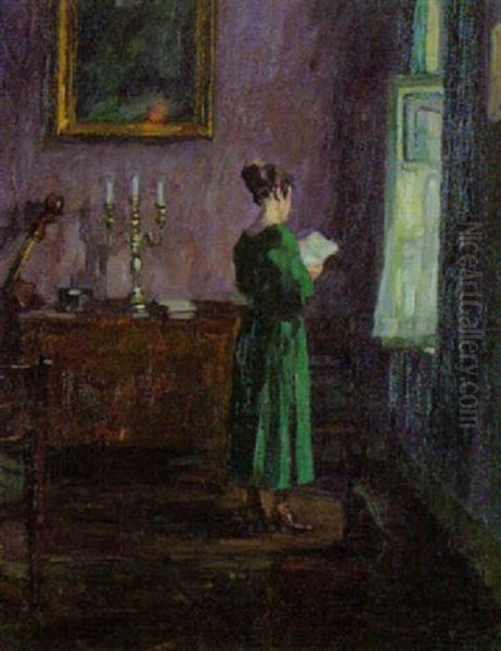 Junge Dame Im Salon Am Fenster, Eineb Brief Lesend Oil Painting by Julius Koch