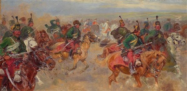 Count Hadik And His Troops Riding To Berlin (berlin Raid 1757) Oil Painting by Ludwig Koch