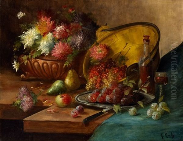 Nature Morte Aux Fleurs, Fruits Et Bassine De Cuivre Oil Painting by Martha Elisabeth Barboud Koch