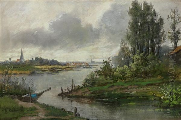 Flusslandschaft Mit Kirchdorf Im Hintergrund by Theodor Friedrich Koch