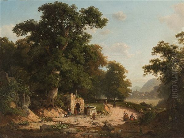 Landscape With Figures Oil Painting by Heinrich Koch