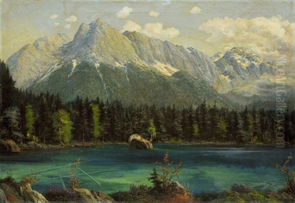 Vue Sur Les Montagnes De L'engadine Et Le Lac De Silvaplana Oil Painting by Heinrich Koch