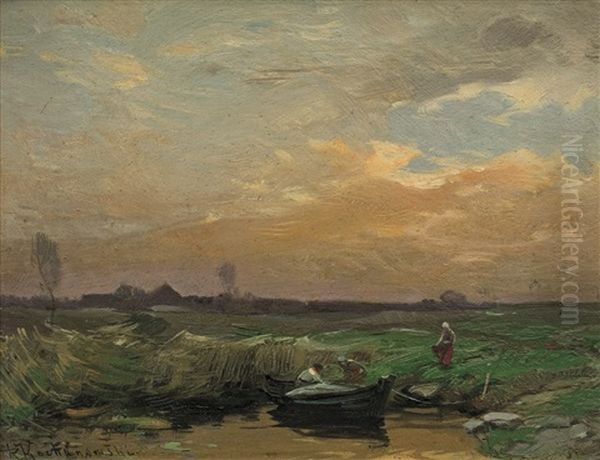 Landscape With A Boat Oil Painting by Roman Kochanowski