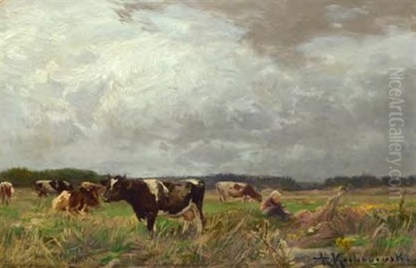 Weidevieh Mit Hirtin Auf Dem Feld Unter Bewolktem Sommerhimmel by Roman Kochanowski