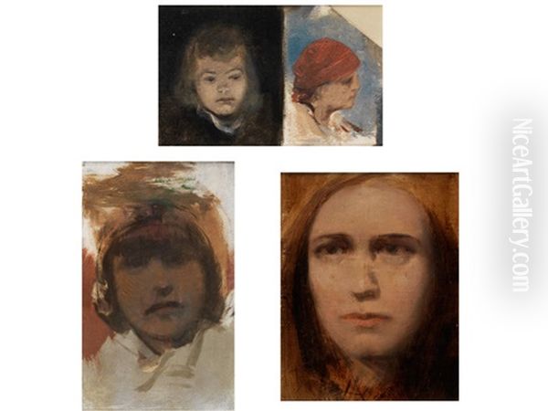 Vier Portraitstudien (4 Works, Mntd Together) Oil Painting by Roman Kochanowski