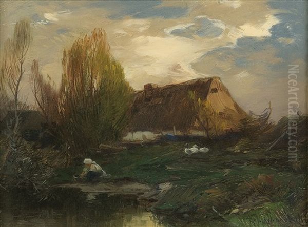 Landscape - Cottage On The Water Oil Painting by Roman Kochanowski