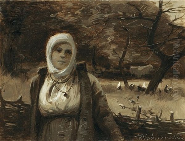 Girl In Orchard Oil Painting by Roman Kochanowski