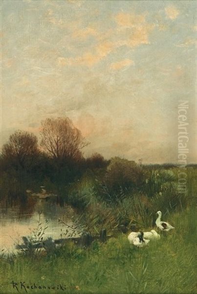 Geese At Pond by Roman Kochanowski