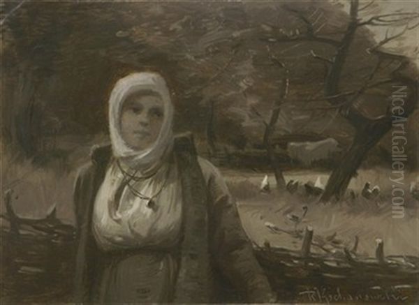 Junge Bauerin In Halbfigur Vor Einem Geflochtenen Zaun Oil Painting by Roman Kochanowski