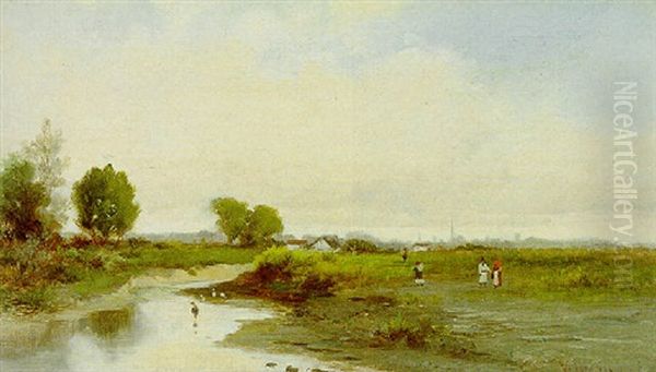 Fluslandschaft Mit Einer Stadtsilouette Im Hintergrund Oil Painting by Roman Kochanowski