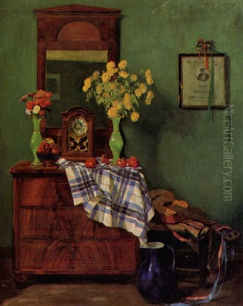 Interieur Mit Biedermeierspiegel Und Gitarre Oil Painting by Reinhold Koch-Leuthen