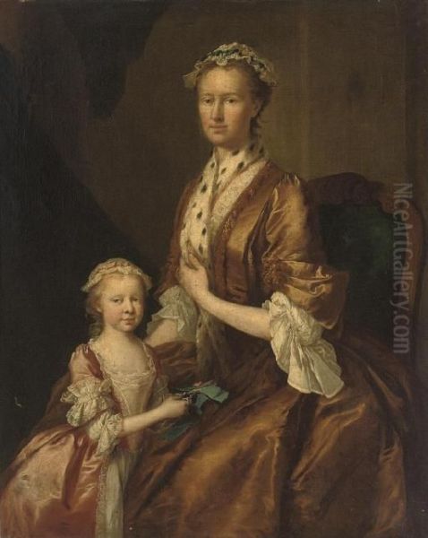 Portrait Of A Mother And Daughter, Three-quarter-length, The Former Seated, In A Brown Dress And Ermine Shawl, The Latter In A Pink Dress, Scissors And A Ribbon In Her Right Hand Oil Painting by George Beare