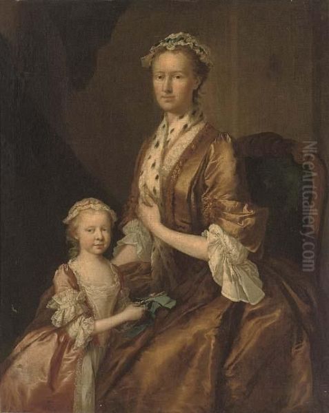 Portrait Of A Mother And Her Daughter, Three-quarter-length, The Former Seated, In A Brown Dress And Ermine Shawl, The Latter In A Pink Dress, Holding Scissors And A Ribbon Oil Painting by George Beare