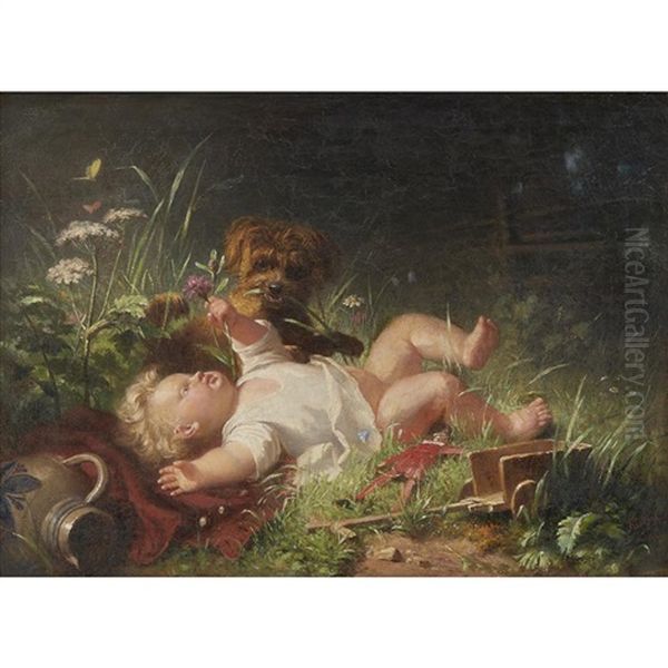 Infant And Terrier Oil Painting by Julius Kockert