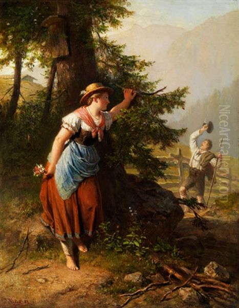 Alpenlandisches Madchen In Erwartung Seines Burschen Oil Painting by Julius Kockert