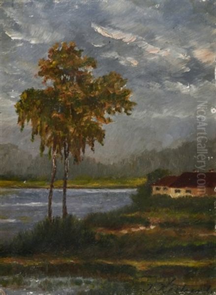 Zwei Birken Und Haus Am See Oil Painting by Julius Kockert