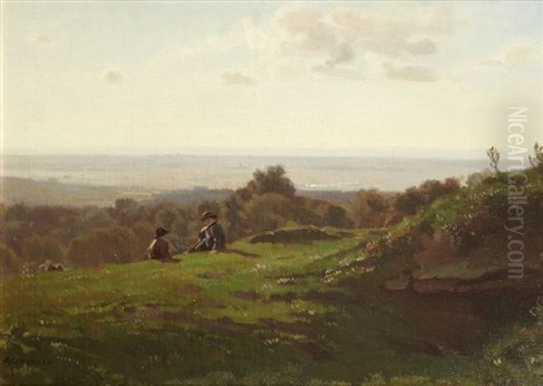 Enfants Sur La Colline, La Mer En Fond Oil Painting by Alfred-Eugene Koechlin