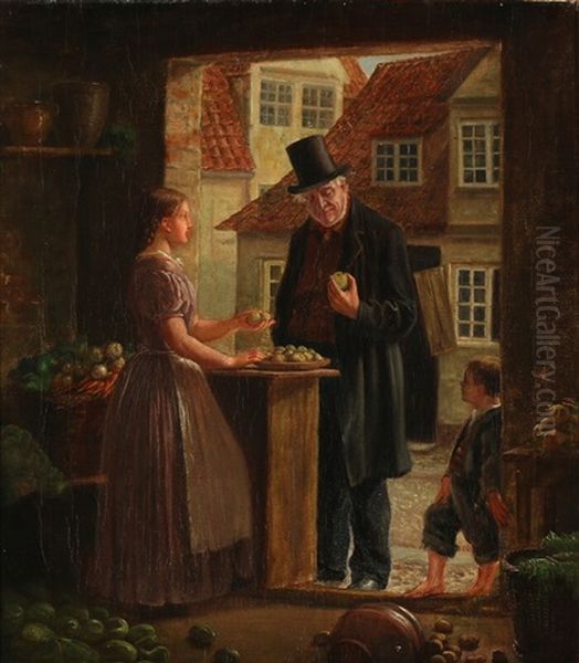 A Young Woman Selling Fruit To A Gentleman by Hans Christian Koefoed