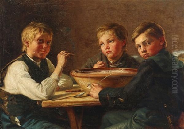 Interior With Three Boys Oil Painting by Hans Christian Koefoed