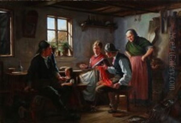 A Sailor Just Returned Home From Abroad Distributes His Gifts Oil Painting by Hans Christian Koefoed