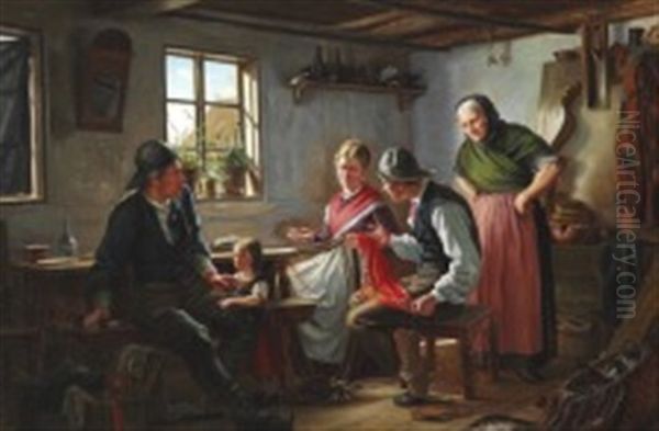 A Sailor Just Returned Home From Abroad Distributes His Gifts Oil Painting by Hans Christian Koefoed