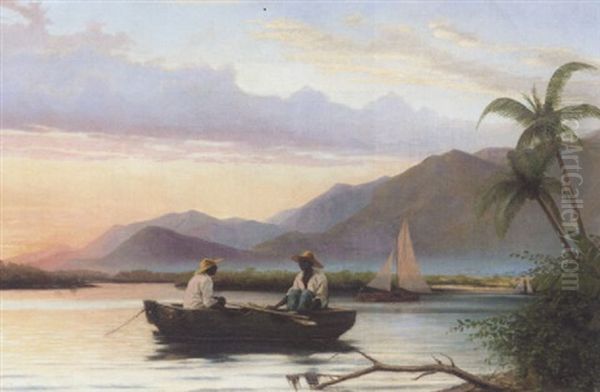 Figures Boating On A Lake In Haiti Oil Painting by Hans Christian Koefoed