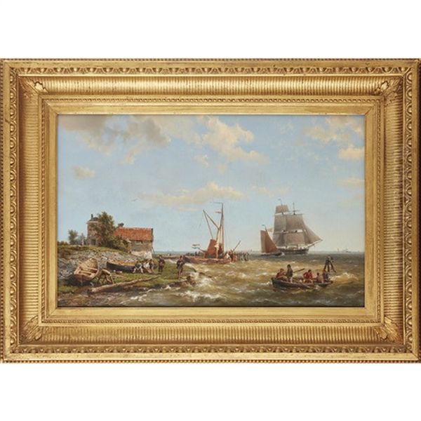 Figures And Fishing Boats On The Dutch Coast Oil Painting by Hermanus Koekkoek the Elder