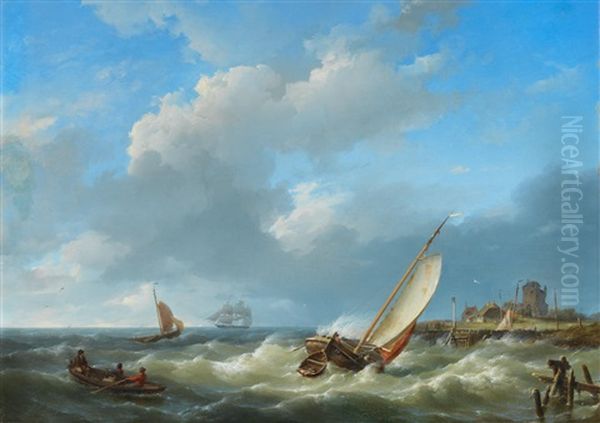 Fishing Vessels In A Squall Oil Painting by Hermanus Koekkoek the Elder