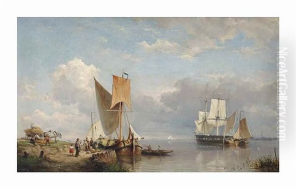 Shipping On The Spaarne Oil Painting by Hermanus Koekkoek the Elder