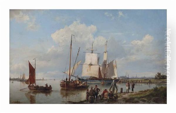 Shipping On A Calm Near An Estuary Oil Painting by Hermanus Koekkoek the Elder