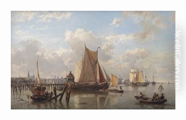 A Busy Day On The Ij, Amsterdam In The Distance Oil Painting by Hermanus Koekkoek the Elder