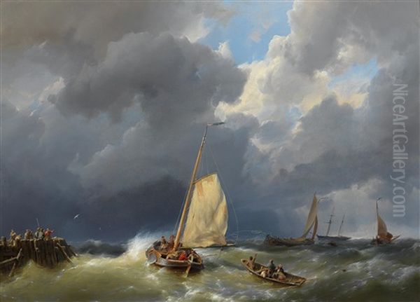 Fishing Boats In Stormy Seas Oil Painting by Hermanus Koekkoek the Elder