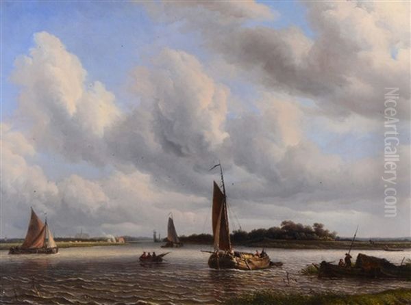 Fishermen In A Boat And Further Shipping In Calm Waters With Church In The Distance Oil Painting by Hermanus Koekkoek the Elder