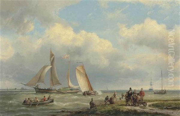 A Coastal Landscape With A Danish Coastal Barge And Figures On The Shore Oil Painting by Hermanus Koekkoek the Elder