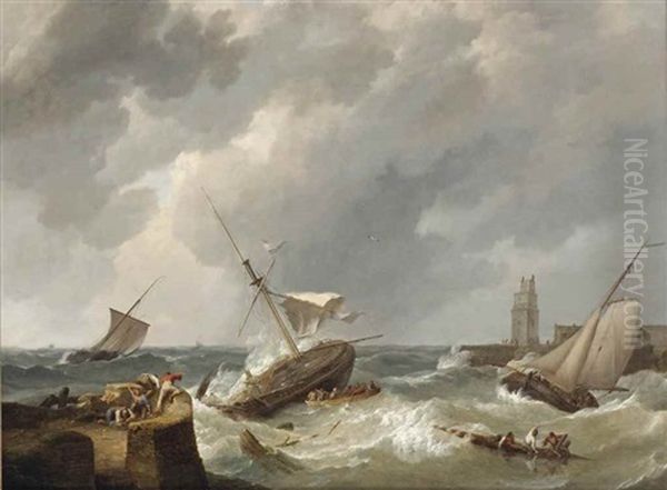 A Two Master At Risk Near The Harbour Entrance Oil Painting by Hermanus Koekkoek the Elder