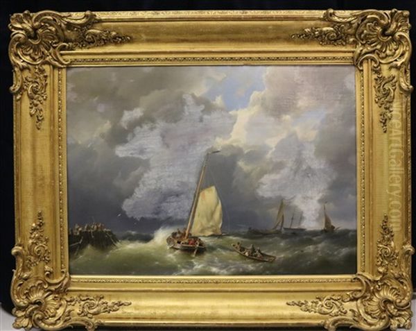 Vissersboten Op Woelig Water Bij Een Havenhoofd Oil Painting by Hermanus Koekkoek the Elder