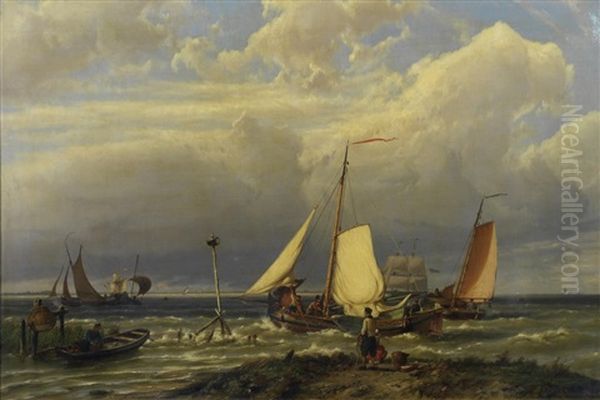 Shipping On The Scheldt Oil Painting by Hermanus Koekkoek the Elder