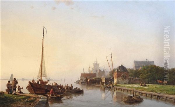 A Summer's Day On A Dutch River Oil Painting by Hermanus Koekkoek the Elder