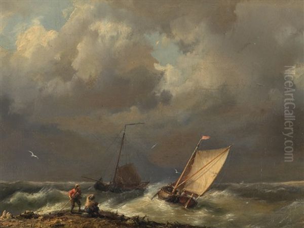 Fishing Boats In Stormy Water Oil Painting by Hermanus Koekkoek the Elder