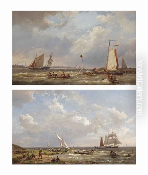 A View Of The Buiten-ij Towards The Zuiderzee; Shipping On The Ij, Amsterdam Beyond (pair) Oil Painting by Hermanus Koekkoek the Elder