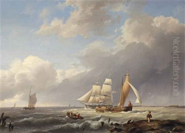 Dutch Flatboats And A Danish Two-master On The Zuiderzee Oil Painting by Hermanus Koekkoek the Elder