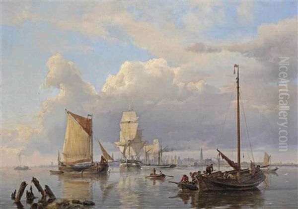 Shipping On The Scheldt With Antwerp In The Distance Oil Painting by Hermanus Koekkoek the Elder